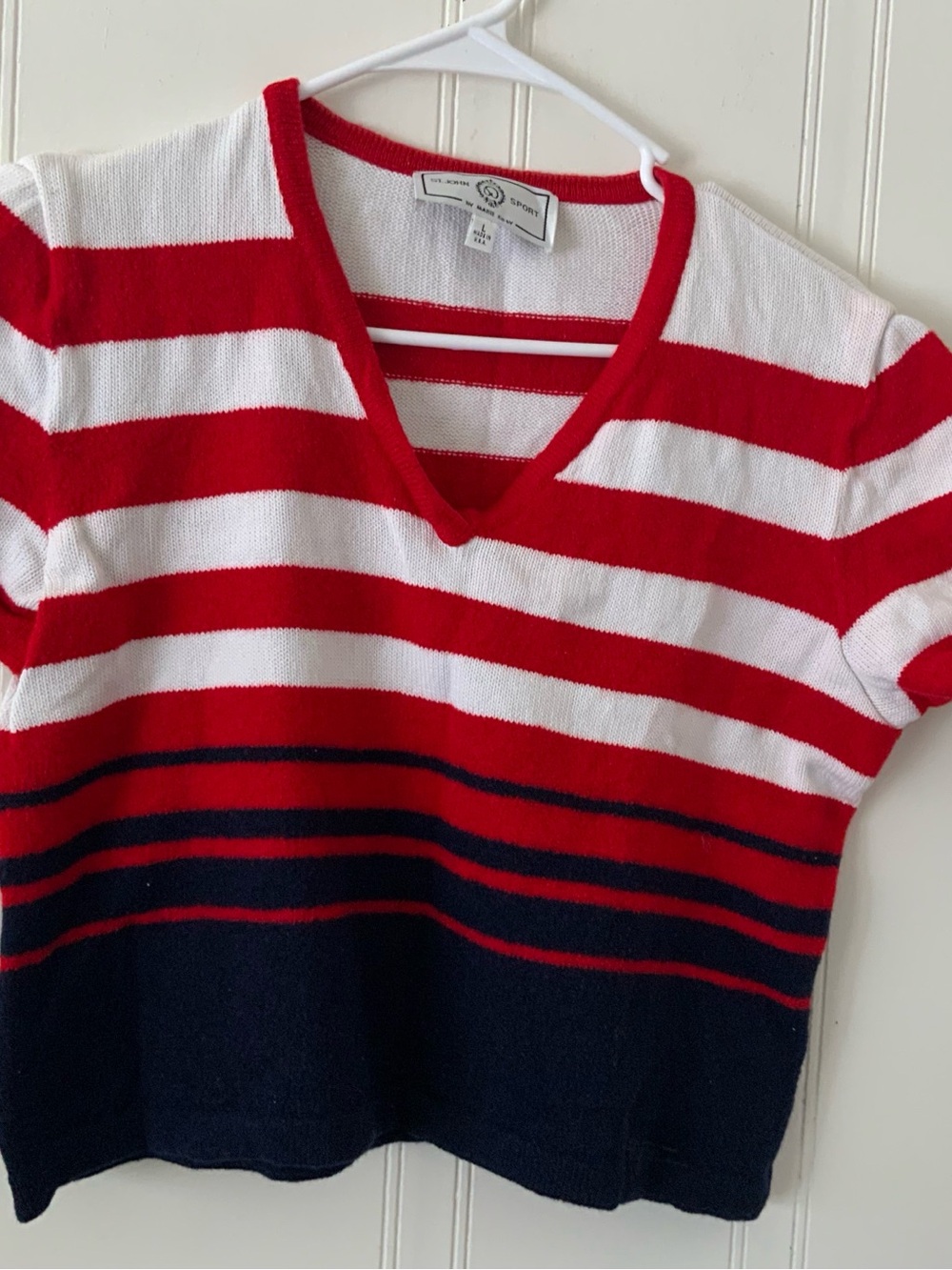 St. John Sport by Marie Gray Red, White & Navy Striped V-Neck Short Sleeve Tee